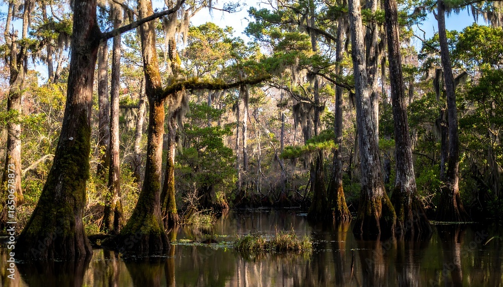 Fototapeta premium Sunlit swamp with moss-draped trees reflected in still water