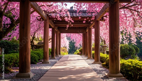 Sunlit walkway under blossoming cherry trees, framed by a wooden pergola