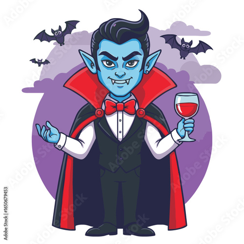 A charming cartoon vampire in a tuxedo and cape holds a glass of blood with bats flying in the night sky.
