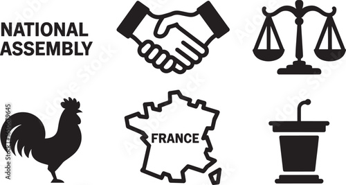 French National Assembly Symbols Handshake Scales Rooster France Map Podium Black Silhouette