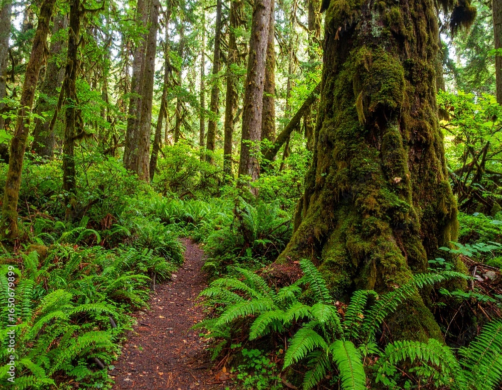 Obraz premium Serene hiking trail leading through the dense, vibrant green wilderness of an old-growth temperate rainforest.