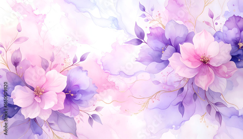 Watercolor floral arrangement with pink and purple blossoms and gold accents against a soft white background