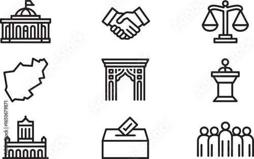 Government and Justice Icons Set Depicting Politics, Law, and Civic Engagement in Outline Style