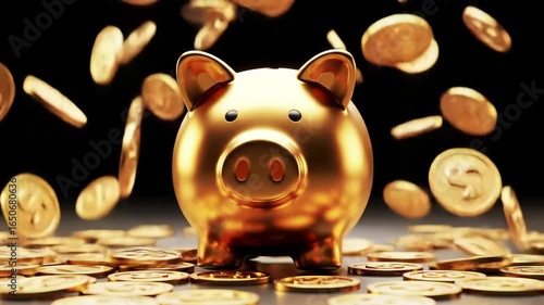 Glossy golden piggy bank with raining coins—opulent, joyful scene animates with cascading, spinning currency