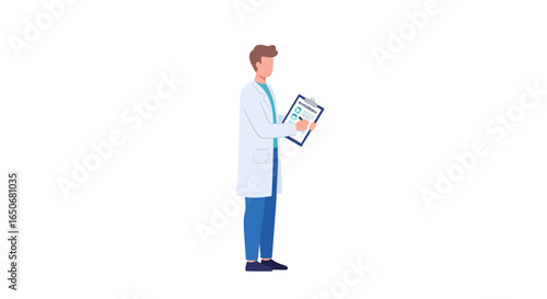 Male doctor character in a white lab coat writing on a clipboard. Flat vector illustration of a medical professional for healthcare concepts isolated on white.