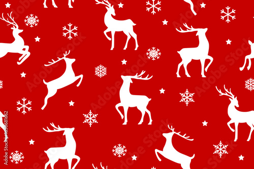 White silhouette of Reindeer with snowflake for Christmas seamless pattern