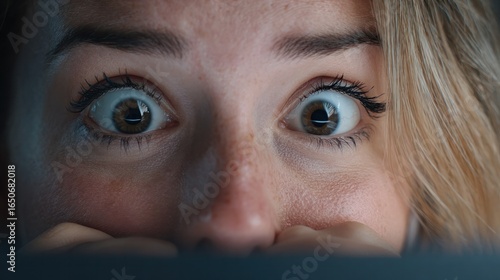 Wide-Eyed Fear: A close-up shot captures the intense, wide-eyed expression of a person consumed by fear, their hands clasped tightly in apprehension, conveying a moment of pure dread and shock.