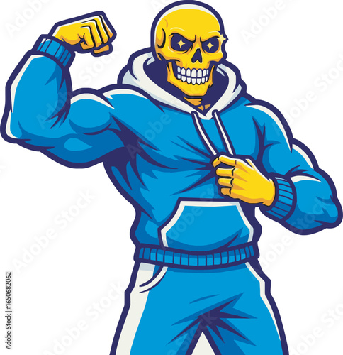 A muscular skeleton flexing its arm, wearing a blue hoodie and tracksuit, ready to workout.