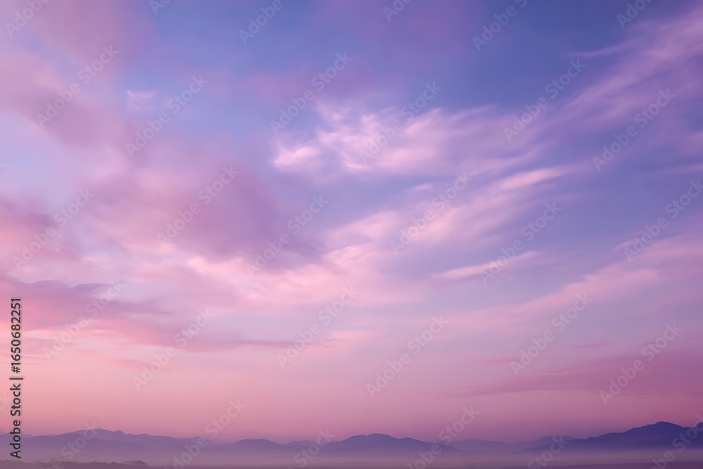 Fototapeta premium A breathtaking vista of a vibrant pink and purple sky at sunrise, with soft clouds and distant mountains creating a serene and dreamy landscape
