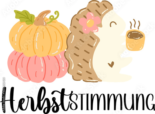 Herbststimmung, Herbst, Kürbis, Igel, Blatt, Vector Illustration