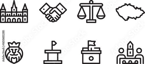 Icon Set Featuring Building, Handshake, Justice, Czech Republic, Lion, Podium, and People