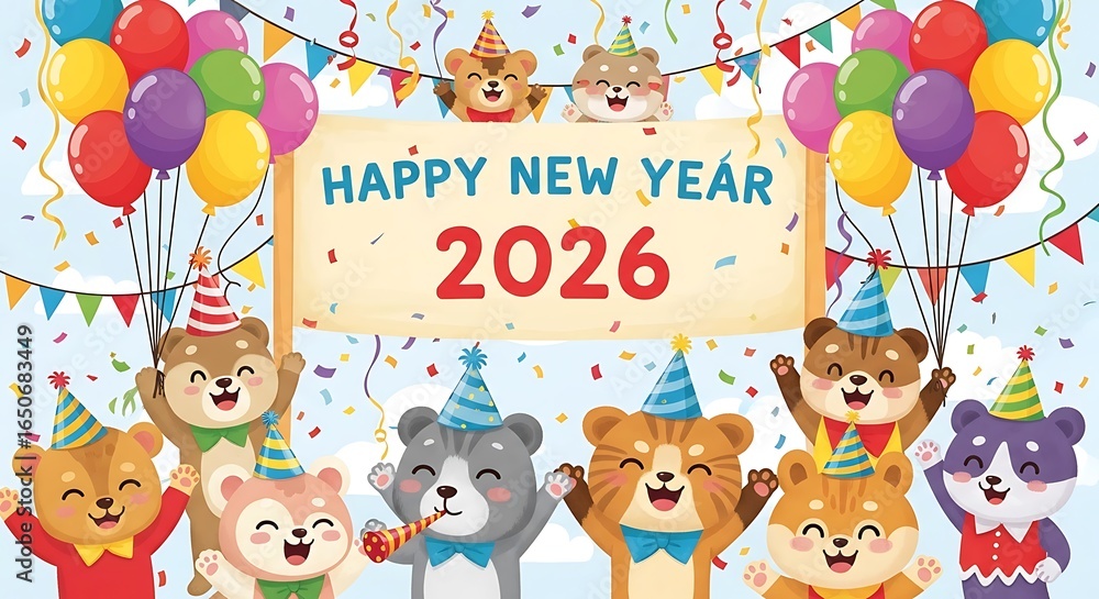 Obraz premium Happy New Year 2026 with cute cartoon bears, balloons, and confetti, vector illustration