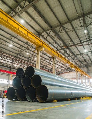 Large metal pipes stacked in industrial warehouse
