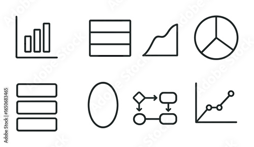 Gradient Infographic Icons. Outline icon set of gradient infographic elements: colored bar, data block,