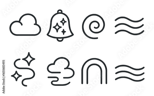 Dreamy Gradient Icons. Outline icon set of dreamy gradient shapes: fantasy cloud, magical tone, dreamy swirl,