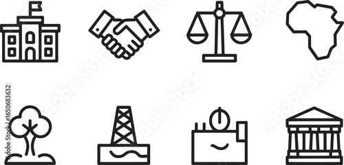 Icon Set Featuring Government, Handshake, Justice, Africa, Tree, Oil Rig, Clock, and Building