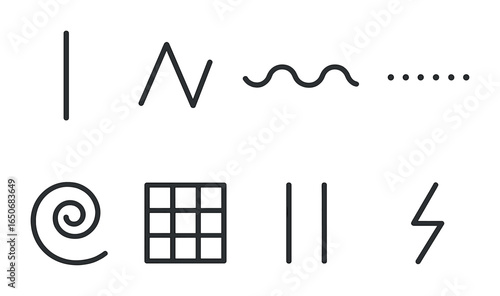 Geometric Line Icons. Outline icon set of geometric line patterns: straight line, zigzag, wavy line, dotted