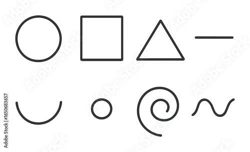 Minimal Geometric Icons. Outline icon set of minimalistic geometric forms: circle, square, triangle, line, arc
