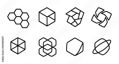 Futuristic Geometric Icon Set. Outline icon set of futuristic geometric designs: hexagonal pattern, 3D shapes,
