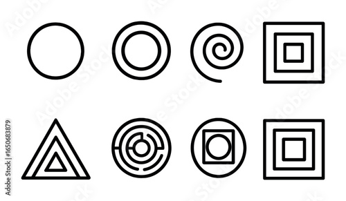 Concentric Geometric Icons. Outline icon set of concentric geometric designs: inner circle, expanding ring,