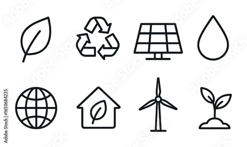 Eco Line Icons. Outline icon set of flat environment infographic: leaf, recycle sign, solar panel, water drop,