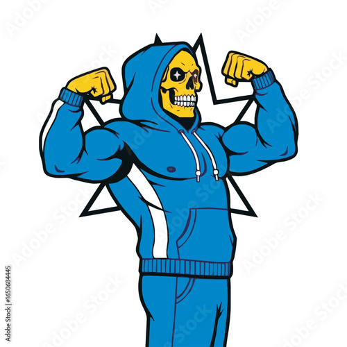 A yellow skeleton wearing a blue hoodie and sweatpants flexing biceps with a star outline.