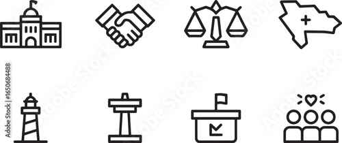 Iconic Government Symbols Line Art Set Building Handshake Scales Map Lighthouse Podium