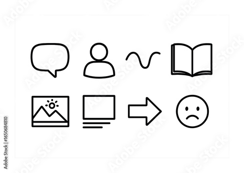 Storytelling Icon Set. Outline icon set of hand-drawn storytelling elements: speech bubble, character icon,