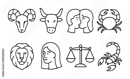 Zodiac Outline Icons. Outline icon set of hand-drawn zodiac icons: Aries, Taurus, Gemini, Cancer, Leo, Virgo,