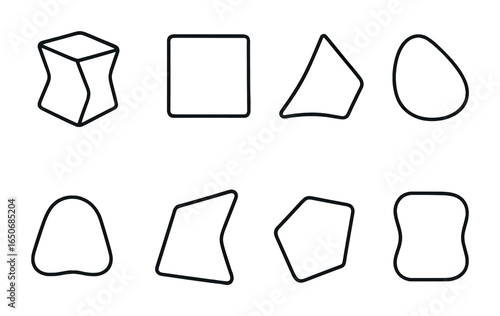 AI-Transformed Geometric Icons. Outline icon set of AI-deformed shapes: twisted cube, bent square, warped