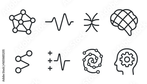 Synthetic Neural Icons. Outline icon set of synthetic neural visuals: node web, pulse path, AI fiber, brain