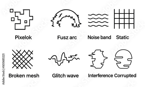 Noise Icon Set. Outline icon set of random noise forms: pixel block, fuzz arc, noise band, static grid, broken