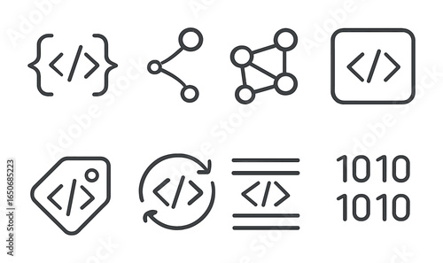 AI Code Icon Set. Outline icon set of AI code shapes: bracket arc, command curve, symbol mesh, syntax block,