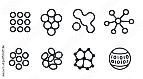 AI Cluster Icon Set. Outline icon set of AI cluster forms: micro units, grouped cells, connected blobs,