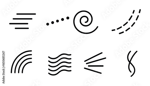 Dynamic Abstract Icons. Outline icon set of dynamic abstract motion: moving lines, running dots, path swirl,