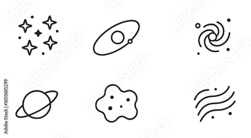 Abstract Galaxy Icons. Outline icon set of abstract galaxy space: star fields, orbit lines, solar swirl,