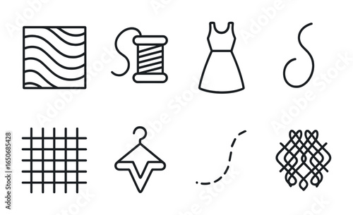 Abstract Fashion Icon Set. Outline icon set of abstract fashion design: pattern stroke, thread loop, fabric
