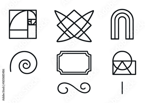 Abstract Art Deco Icons. Outline icon set of abstract art deco lines: golden ratio path, symmetry mesh, arch