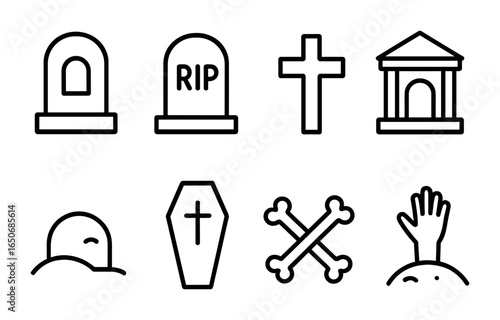 Graveyard Symbol Icons. Outline icon set of graveyard symbols: tombstone, RIP sign, cross, crypt, grave mound,