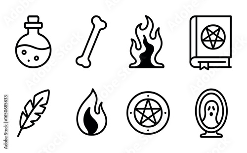 Black Magic Icons. Outline icon set of black magic elements: potion vial, bone wand, shadow spell, cursed book