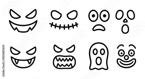 Spooky Faces Icons. Outline icon set of spooky faces: evil grin, stitched mouth, wide eyes, empty socket, fang