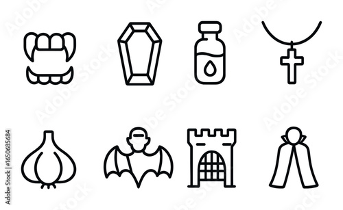 Vampire Icon Set. Outline icon set of vampire-themed icons: vampire fangs, coffin bed, blood vial, cross