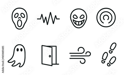 Scary Sound Effect Icons. Outline icon set of scary sound effects: scream icon, howl wave, creepy laugh, thump