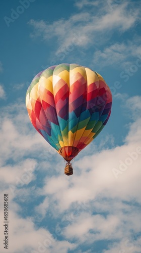 Colorful hot air balloon against a partly cloudy sky