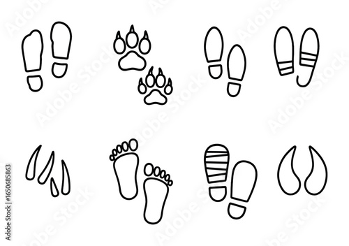Monster Footprint Icons. Outline icon set of monster footprints: zombie tracks, werewolf paw, vampire boot,