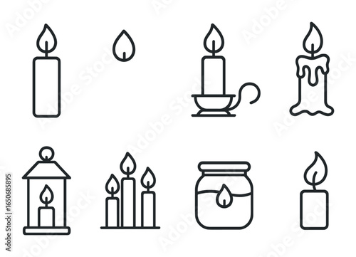 Festive Candle Icons. Outline icon set of festive candles: wax candle, flame icon, candle holder, melting