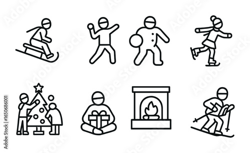 Winter Activities Icons. Outline icon set of winter activities: sledding, snowball fight, ice skating,
