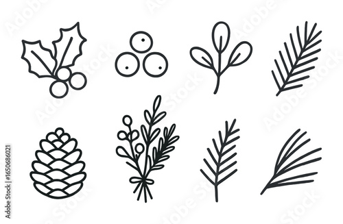 Winter Flora Icons. Outline icon set of winter flora: holly leaves, red berries, pinecones, mistletoe sprig,