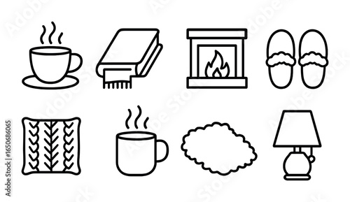 Cozy Winter Icons. Outline icon set of cozy winter moments: cup of tea, book and blanket, fireplace flame,