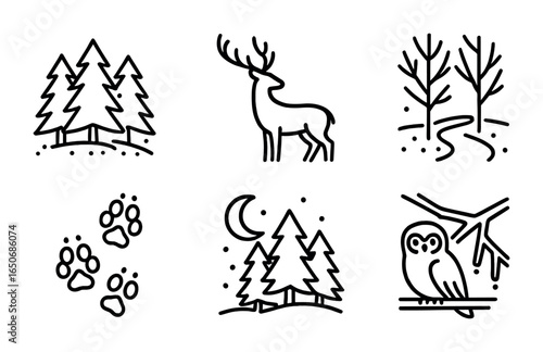 Winter Forest Icons. Outline icon set of snowy forest scenes: pine forest, deer silhouette, snowy path, winter